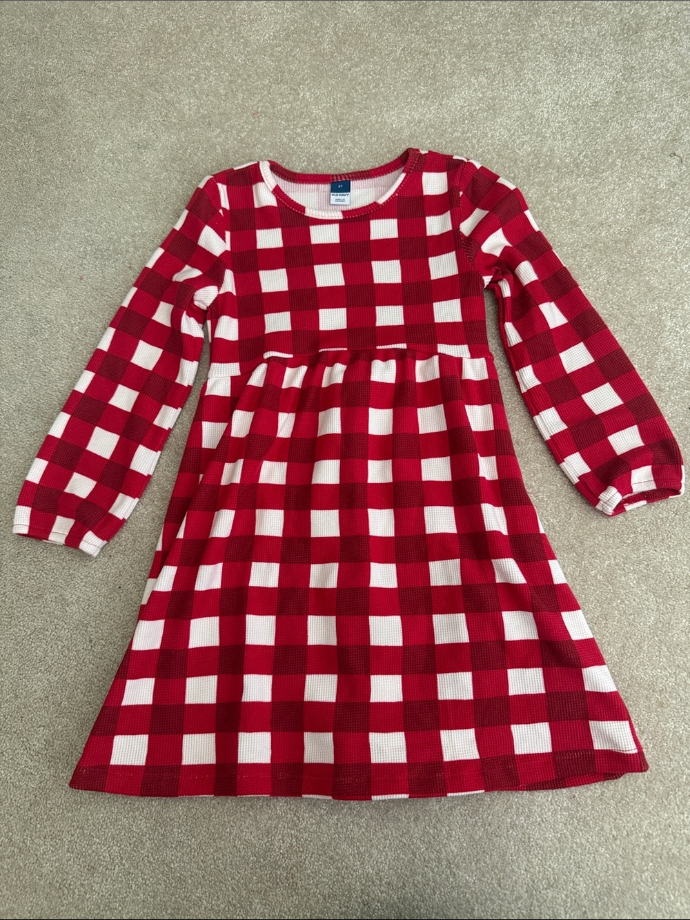 Red and White Check Long Sleeve Knit Dress